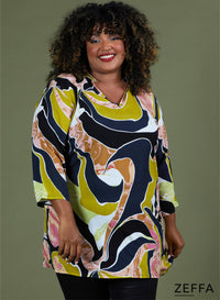 Zeffa V Shaped Tunic Tunic Lime Wavey Print