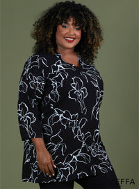 Zeffa V Shaped Tunic Thin Flower Black & White