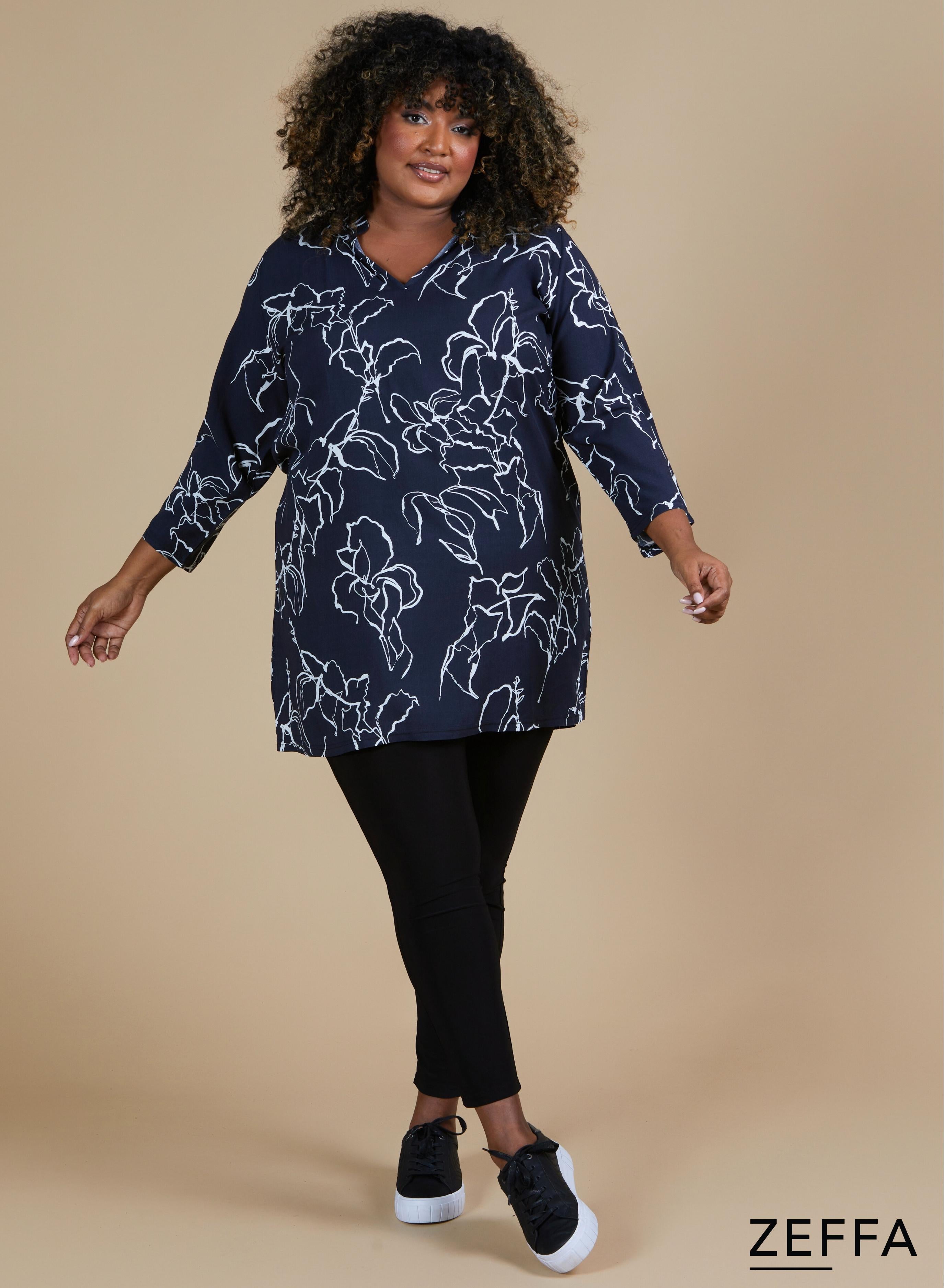 Zeffa V Shaped Tunic Thin Flower Navy