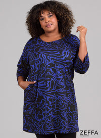 Zeffa Comfort Warm Viscose Pocket Tunic Scribble Waves Design Blue