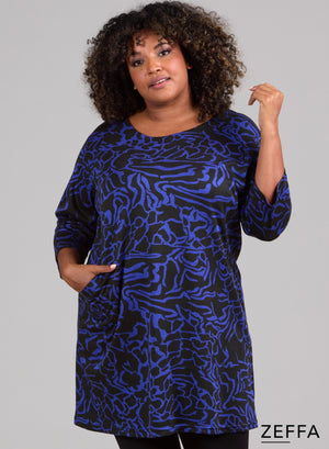 Zeffa Comfort Warme Viskose-Taschentunika, Scribble Waves Design, Blau