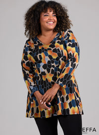 Zeffa Warm Viscose A-Line Tunic Hive Pattern Petrol/Ochre