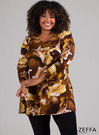 Zeffa Warm Viscose A-Line Tunic Aquarel Flower Ochre