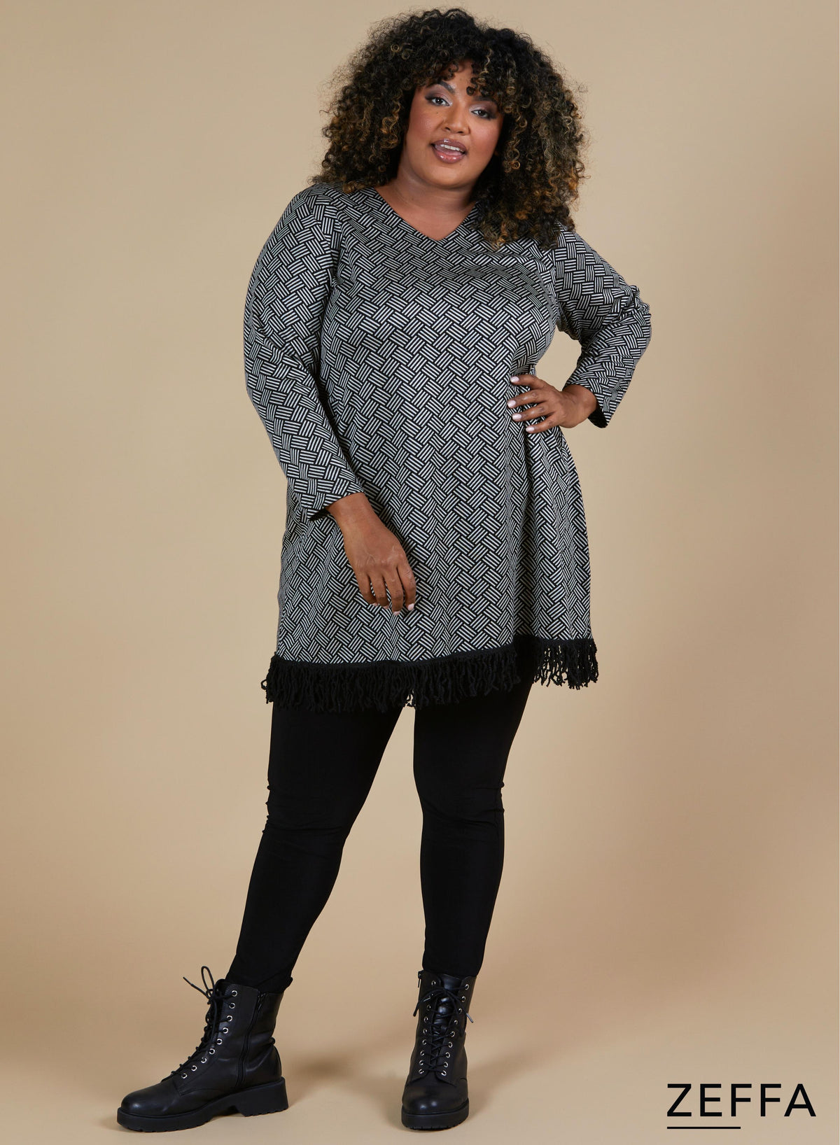 Zeffa Warm Fringe Tunic Hatch Pattern Sand