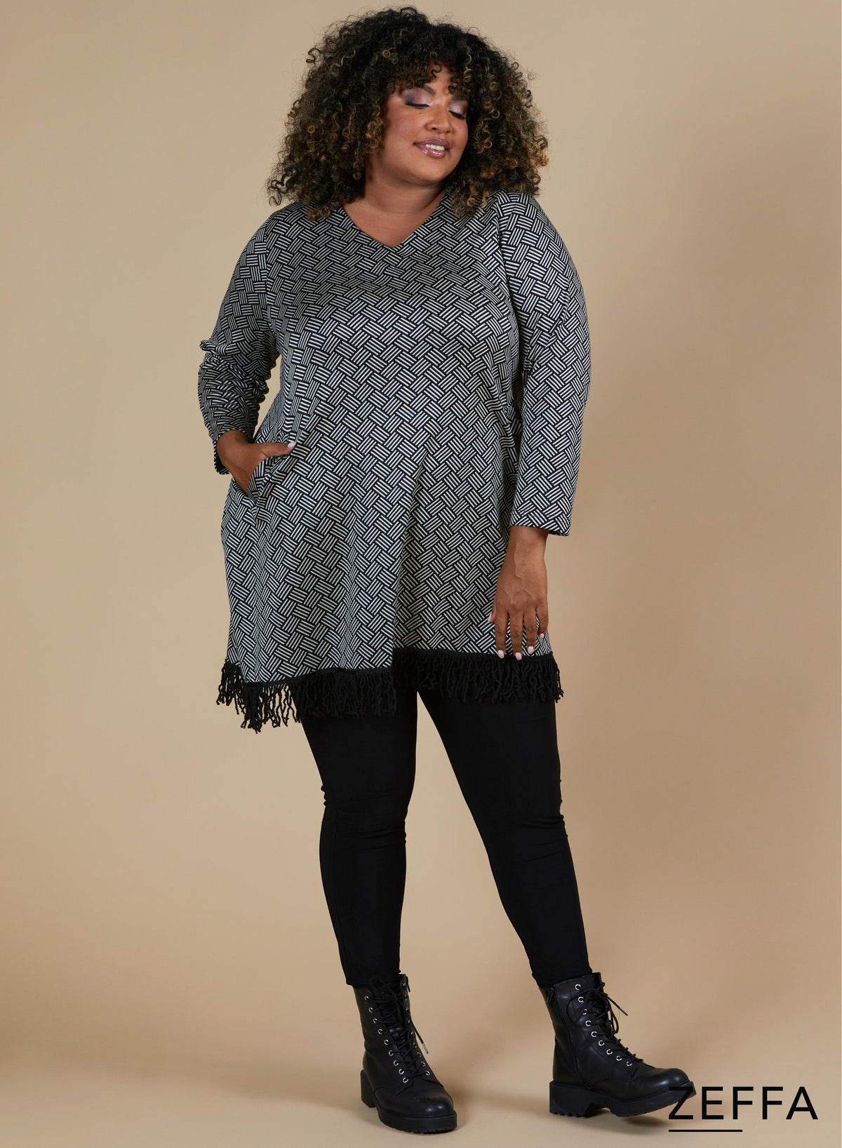 Zeffa Warm Fringe Tunic Hatch Pattern Sand