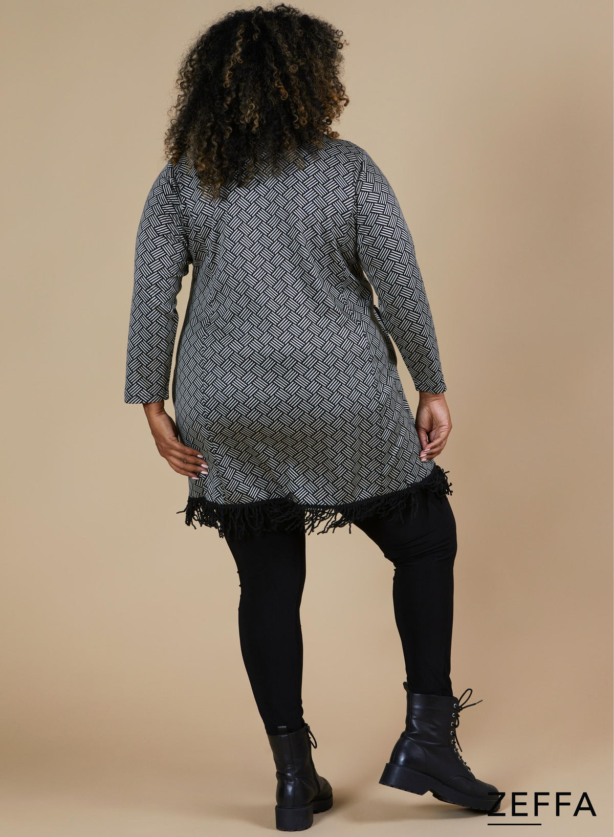 Zeffa Warm Fringe Tunic Hatch Pattern Sand
