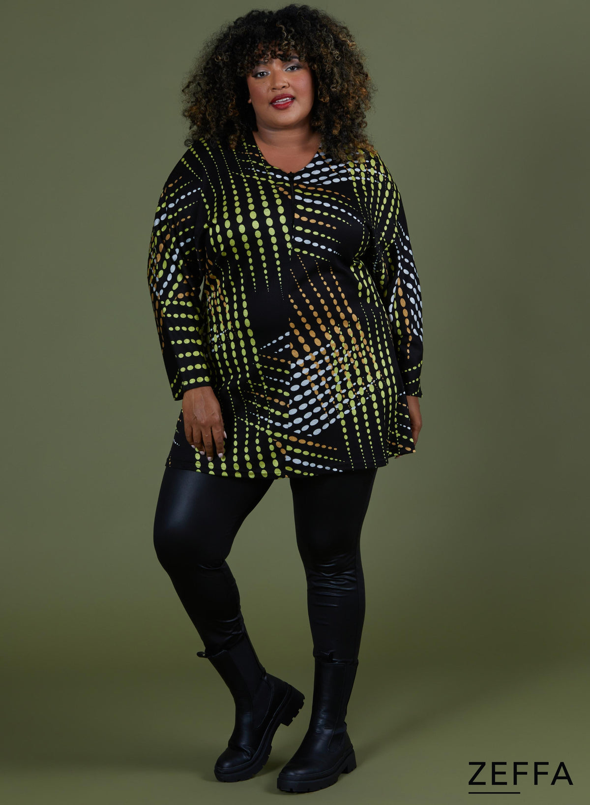 Zeffa Warm Baggy Zip Tunic Dotted Pattern Lime