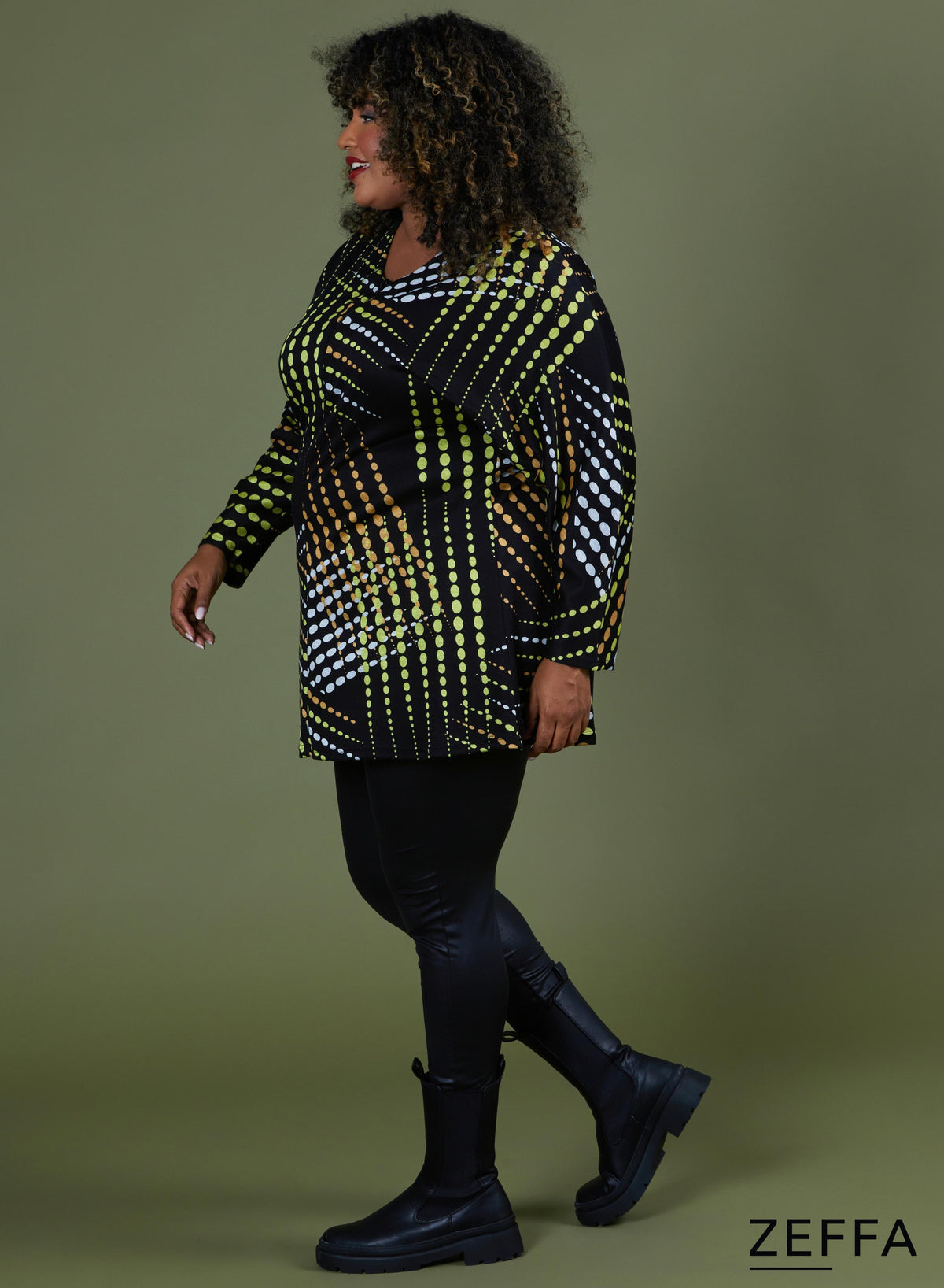 Zeffa Warm Baggy Zip Tunic Dotted Pattern Lime