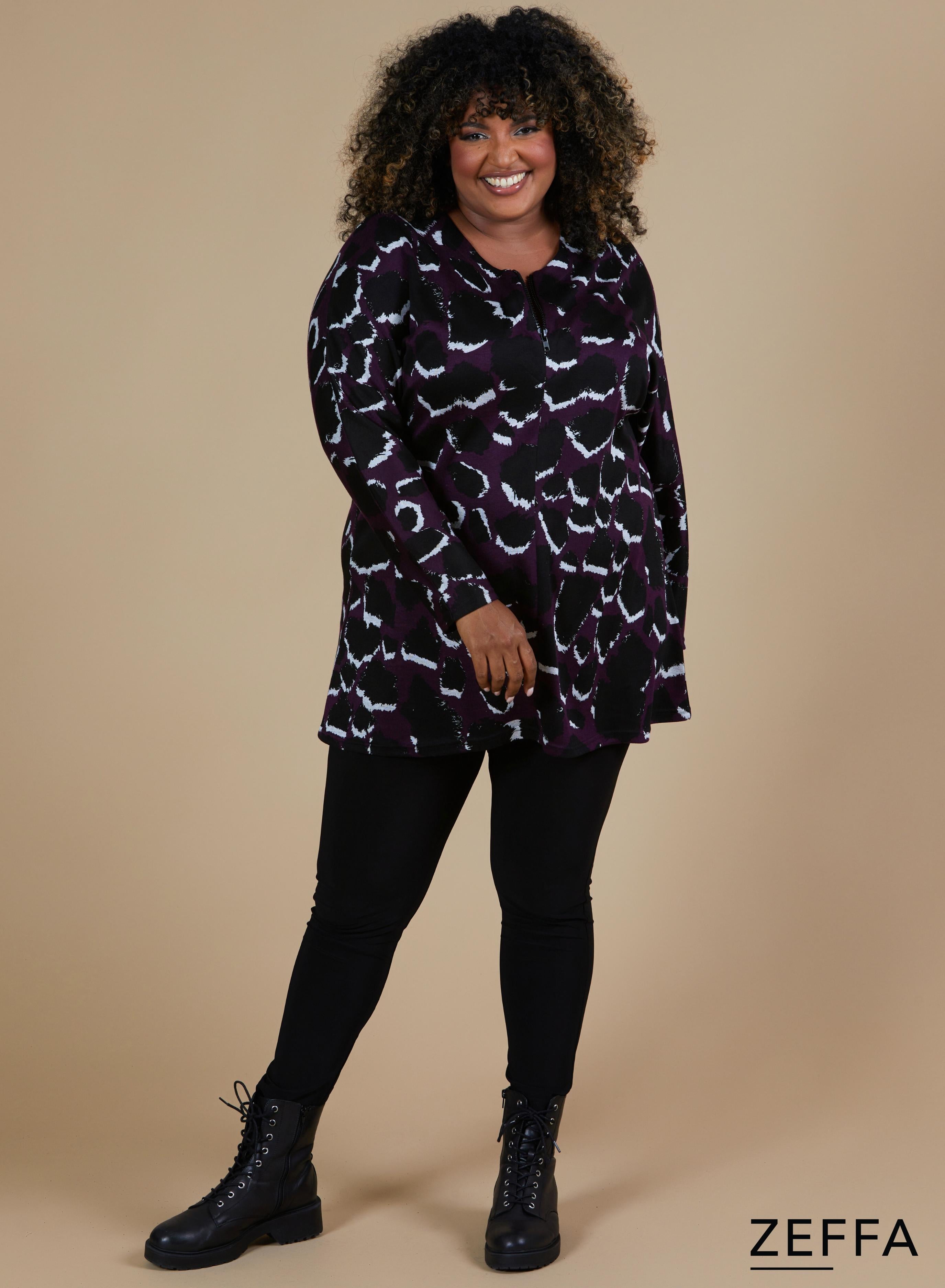 Zeffa Warm Baggy Zip Tunic Leopard Purple