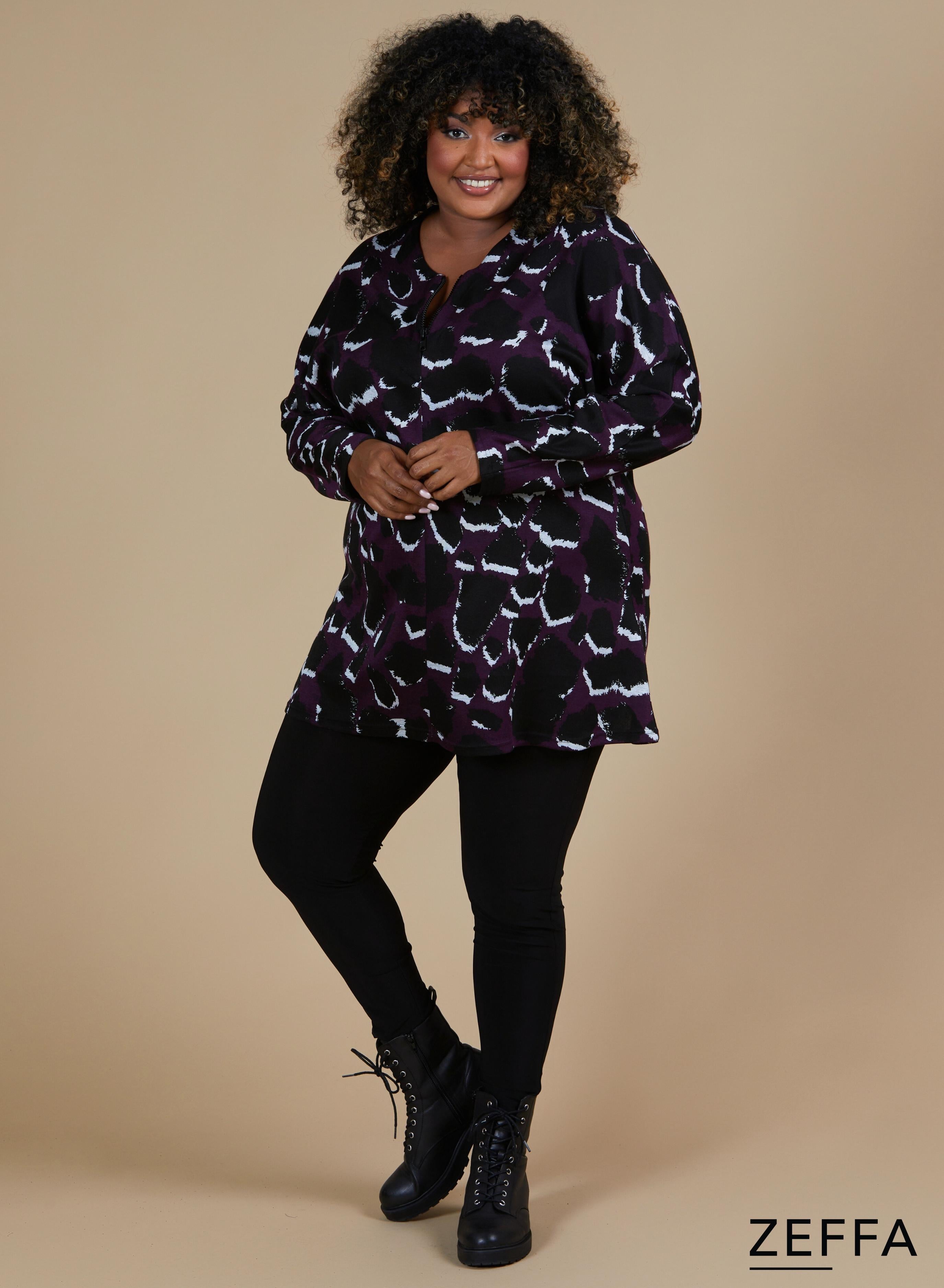 Zeffa Warm Baggy Zip Tunic Leopard Purple