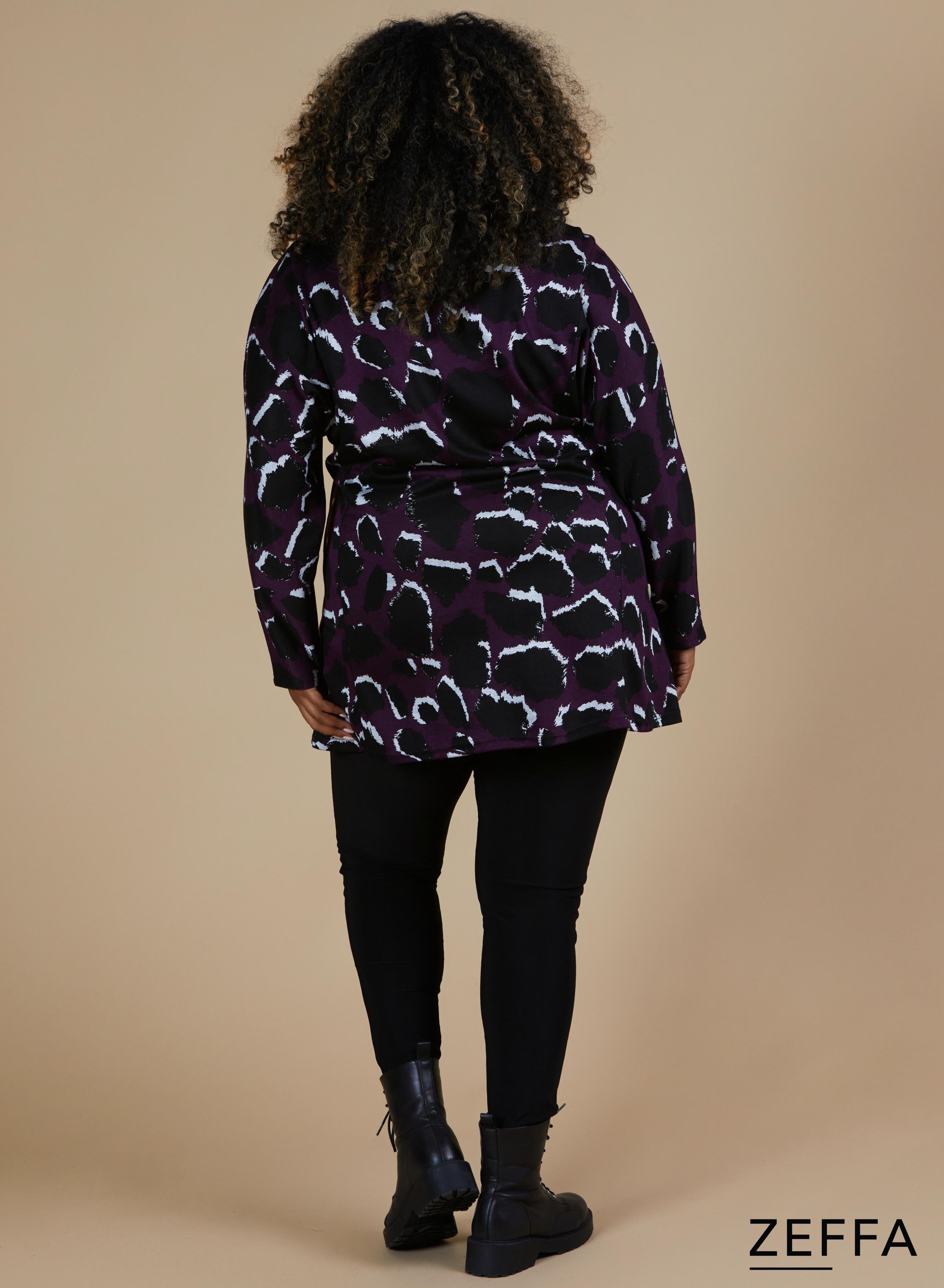 Zeffa Warm Baggy Zip Tunic Leopard Purple