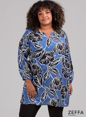 Zeffa Light Viscose Relaxed Tunic Art Flower Blue